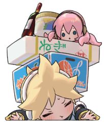  1boy :t arm_warmers blonde_hair blue_eyes bottle box closed_eyes commentary crushing female food ice_cream ice_cream_cup kagamine_len looking_at_another lying megurine_luka naoko_(naonocoto) octopus on_stomach orange_print outstretched_arms pink_hair shirt solid_circle_eyes spiked_hair sweat takoluka tentacle_hair translated treble_clef v-shaped_eyebrows vocaloid white_background white_shirt wine_bottle 