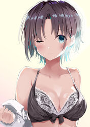  ;) asakura_toru bad_id bad_pixiv_id bare_shoulders bikini black_bikini black_bow black_bra black_hair blue_eyes blue_hair blush bow bra breasts cleavage closed_mouth collarbone commentary_request earrings female gradient_hair highres idolmaster idolmaster_shiny_colors jewelry lace lace-trimmed_bra lace_trim long_sleeves looking_at_viewer medium_breasts multicolored_hair noto_kurumi off_shoulder one_eye_closed parted_lips short_hair simple_background smile solo swimsuit underwear upper_body white_background 