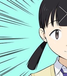  black_eyes black_hair blue_background closed_mouth collared_shirt commentary_request emphasis_lines female hair_ornament highres ichikawa_masahiro itou_hikari looking_at_viewer low_twintails necktie portrait purple_necktie school_uniform shirt simple_background smile solo sweater_vest twintails watashi_ga_motenai_no_wa_dou_kangaetemo_omaera_ga_warui! white_shirt x_hair_ornament yellow_sweater_vest 