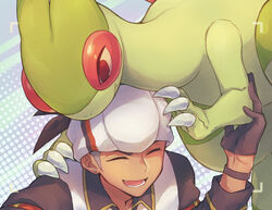  1boy brown_hair brown_shirt claws closed_eyes commentary_request earrings fang_out flygon gloves hand_up happy headband jewelry lower_teeth_only male_focus oerba_yun_fang official_alternate_costume open_mouth pokemon pokemon_(creature) pokemon_masters_ex raihan_(anniversary_2022)_(pokemon) raihan_(pokemon) red_eyes shiosaki_mato shirt short_hair smile teeth tongue undercut vest white_headband white_vest 