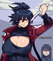  1boy artist_name black_hair breasts butter_sugoi cleavage clenched_teeth female frown hair_between_eyes holding holding_knife huge_breasts jacket knife lips long_hair medium_hair original ponytail red_eyes red_jacket reverse_grip ribbed_sweater smile sweater teeth turtleneck turtleneck_sweater v-shaped_eyebrows veins veiny_breasts 