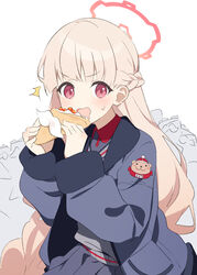  ^^^ blonde_hair blue_archive braid coat crepe crown_braid drooling eating female food fur-trimmed_coat fur_trim grey_coat grey_skirt grey_sweater_vest halo hands_up holding holding_food jacket long_braid long_hair long_sleeves looking_at_viewer nodoka_(blue_archive) open_clothes open_jacket open_mouth pleated_skirt red_eyes simple_background skirt solo supershiruco sweatdrop sweater_vest upper_body white_background 