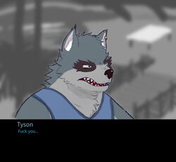  2020 angry anthro black_nose canid canine canis clothing english_text fur grey_body grey_fur hi_res male mammal marsze5 password_(visual_novel) profanity shirt teeth text topwear tyson_(password) wolf 