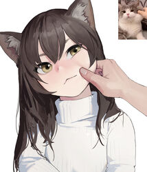  :&lt; animal_ear_fluff animal_ears bad_id bad_twitter_id brown_hair cat_ears cheek_pinching commentary derivative_work dongho_kang feline female head_tilt highres long_hair looking_at_viewer original photo-referenced photo_inset pinching reference_inset ribbed_sweater simple_background solo_focus sweater symbol-only_commentary turtleneck turtleneck_sweater white_background yellow_eyes 