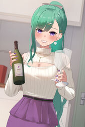  absurdres bow breasts cleavage cleavage_cutout clothing_cutout commentary earrings female green_hair hair_behind_ear hairbow highres hyon_2525 jewelry large_breasts long_hair long_sleeves looking_at_viewer mole mole_on_breast nail_polish ponytail purple_eyes purple_nails purple_skirt skirt smile solo sweater swept_bangs teeth turtleneck turtleneck_sweater virtual_youtuber vspo! white_sweater yakumo_beni yakumo_beni_(3rd_costume) 