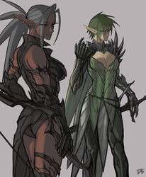  2girls absurdres armor bare_shoulders bow_(weapon) breasts brown_eyes celewen cleavage cleavage_cutout clothing_cutout commentary_request dark-skinned_female dark_elf dark_skin drill_(emilio) earrings elf eyes_visible_through_hair gauntlets green_eyes green_hair grey_background grey_hair highres jewelry large_breasts long_hair looking_away medium_breasts multiple_girls neytharone_(drill_(emilio)) original pointy_ears ponytail short_hair shoulder_spikes simple_background smile spikes stud_earrings sword weapon 