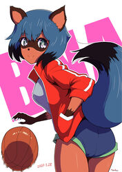  animal_ears ass ball basketball basketball_(object) blue_eyes blue_hair blue_shorts body_fur brand_new_animal female from_behind furry furry_female hand_in_pocket highres jacket kagemori_michiru looking_back number10_(hagakure) photoshop_(medium) raccoon_ears raccoon_girl raccoon_tail red_jacket shirt short_hair short_shorts shorts smile solo tail thighs track_jacket white_shirt 