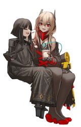  2girls absurdres anna_(girls&#039;_frontline) banana_(girls&#039;_frontline) bare_shoulders black_hair black_legwear cheogtanbyeong girls&#039;_frontline hair_between_eyes headgear heart highres holding holding_spoon ice_cream_cup invisible_chair korean_commentary light_brown_hair long_hair m4_sopmod_ii_(girls&#039;_frontline) m4_sopmod_ii_(mod3)_(girls&#039;_frontline) multicolored_hair multiple_girls non-humanoid_robot nyto_(girls&#039;_frontline) open_mouth paradeus red_eyes red_hair robot simple_background sitting spoon streaked_hair white_background 