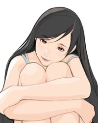  absurdres black_hair closed_mouth commentary_request female head_on_knee head_rest head_tilt highres hugging_own_legs long_hair looking_at_viewer luimiart original simple_background smile solo white_background 