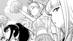  6+girls :&lt; arm_up armpits baseball_cap blunt_bangs bow_hairband breasts cheering cheerleader closed_eyes closed_mouth clothes_writing cloud cloudy_sky collared_shirt commentary_request crop_top crop_top_overhang crowd from_side greyscale hairband halftone hat holding holding_pom_poms ichikawa_masahiro itou_hikari katou_asuka long_hair looking_at_viewer looking_to_the_side medium_breasts midriff miniskirt monochrome multiple_girls narita_miho navel necktie pleated_skirt pom_pom_(cheerleading) ponytail sasaki_fuuka school_uniform shirt short_hair skirt sky sleeveless sleeveless_shirt smile standing sweater_vest triangle_mouth watashi_ga_motenai_no_wa_dou_kangaetemo_omaera_ga_warui! 