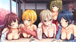  6+girls ahoge bare_shoulders black_eyes black_tank_top blonde_hair blue_eyes blue_hair blush bow breasts brown_hair cleavage closed_eyes coffee coffee_mug collarbone cup day green_eyes grey_hair hair_between_eyes hairbow hayami_kanade heterochromia highres ichinose_shiki idolmaster idolmaster_cinderella_girls indoors jewelry jougasaki_mika large_breasts lipps_(idolmaster) lips long_hair long_sleeves looking_at_viewer miyamoto_frederica mole mole_under_eye mug multiple_girls nazu-na necklace no_bra off_shoulder one_eye_closed open_mouth parted_bangs pink_hair ponytail shiomi_syuko short_hair smile spoon strap_slip table takagaki_kaede tank_top wavy_hair yellow_eyes 