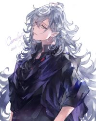  1boy black_shirt earrings fate/grand_order fate_(series) from_side glint grey_eyes grey_hair jewelry long_hair long_sleeves looking_at_viewer looking_to_the_side male_focus merlin_(camelot_&amp;_co)_(fate) merlin_(fate) parted_lips pointy_ears purple_robe robe shirt smile solo very_long_hair waltz_(tram) 