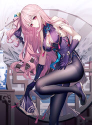  bare_shoulders black_pantyhose blush breasts china_dress chinese_clothes cleavage commentary_request dress emily_stock female flower gloves highres large_breasts looking_at_viewer one_side_up original pantyhose pelvic_curtain pink_hair purple_footwear purple_gloves qinghua_(porcelain) red_eyes ririko_(zhuoyandesailaer) shoes sleeveless sleeveless_dress solo star_(symbol) thighband_pantyhose vase white_flower 