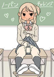  black_eyes black_socks blush brown_hair cellphone chalkboard classroom clothes_lift commentary convenient_censoring desk ear_blush female flat_color full-face_blush juukyuu kneehighs lifting_own_clothes limited_palette long_hair looking_at_viewer no_panties on_desk one_side_up original phone school_desk school_uniform scrunchie sitting skirt skirt_lift smartphone socks solid_circle_eyes solo tongue tongue_out translated v 