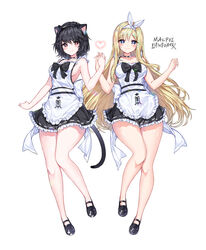  2girls animal_ears apron bare_arms bare_legs bare_shoulders black_dress black_footwear black_hair blade_&amp;_soul blonde_hair blue_eyes breasts cat_ears cat_girl cat_tail choker commentary commission dress english_commentary frilled_dress frills full_body hair_ribbon hairband heart highres holding_hands large_breasts long_hair looking_at_viewer maid maid_apron mal_poi mary_janes multiple_girls photoshop_(medium) prunechi red_eyes ribbon shoes short_hair sideboob simple_background sleeveless sleeveless_dress smile tail thighs very_long_hair white_background 