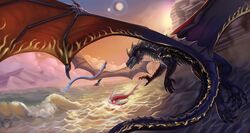  aetherios bldarksoul darlsol&#039; dragon duo female feral fish fishing hi_res male male/female marine melanith membrane_(anatomy) membranous_wings mythological_creature mythological_scalie mythology nature nature_background scalie sea sunset tail tiberia water wave wings 