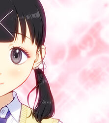  bishie_sparkle black_eyes black_hair blush bubble_background buttons closed_mouth collared_shirt commentary_request eyeshadow female hair_ornament highres ichikawa_masahiro itou_hikari lipstick looking_at_viewer low_twintails makeup necktie pink_background pink_lips portrait purple_necktie school_uniform shirt smile solo sparkle_background sweater_vest twintails watashi_ga_motenai_no_wa_dou_kangaetemo_omaera_ga_warui! white_shirt x_hair_ornament yellow_sweater_vest 