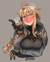  ahoge alcohol aqua_eyes arm_under_breasts black_gloves black_jacket blonde_hair blush braid breasts combat_shirt cropped_torso cup ergot female gloves grey_background hair_between_eyes holding ice ice_cube indie_virtual_youtuber jacket large_breasts long_hair looking_at_viewer nose_blush parted_lips simple_background sitting solo teeth upper_body upper_teeth_only very_long_hair virtual_youtuber whiskey whiskey_project 