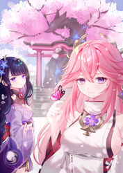  2girls absurdres animal_ears breasts bug butterfly butterfly_on_hand cherry_blossoms commentary_request fox_ears genshin_impact highres japanese_clothes kimono large_breasts long_hair long_sleeves looking_at_viewer mochi_mochi052 multiple_girls nontraditional_miko outdoors partial_commentary pink_hair purple_eyes purple_hair purple_kimono raiden_shogun shirt sleeveless sleeveless_shirt smile upper_body very_long_hair white_shirt yae_miko 