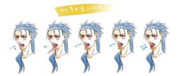  1boy angry blue_hair commentary_request cu_chulainn_(fate) cu_chulainn_alter_(fate) dark_persona facepaint fate/grand_order fate_(series) forked_tongue long_hair long_tongue male_focus murakumo_ih open_mouth piercing ponytail red_eyes sharp_teeth simple_background spiked_hair teeth tongue tongue_out tongue_piercing tongue_tattoo translation_request 