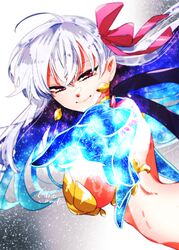  absurdres ahoge armlet armor bikini_armor breasts collar fate/grand_order fate_(series) female glowing hair_ribbon highres kama_(fate/grand_order) large_breasts long_hair looking_at_viewer metal_collar pink_ribbon ribbon shiromantou silver_hair sky smile solo star_(sky) starry_sky 