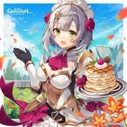  absurdres armor armored_dress bird black_gloves blue_sky boobplate braid braided_bangs breastplate breasts bush chains cliff cloud commentary day dress english_commentary falling_petals female flock flower food genshin_impact gloves green_eyes grey_hair hair_flower hair_ornament highres holding holding_plate light_particles lighter-than-air_pancake_(genshin_impact) logo looking_at_viewer maid_headdress medium_breasts noelle_(genshin_impact) official_art open_mouth orange_flower oshioshio outdoors pancake pancake_stack petals plate red_flower red_rose rose second-party_source short_hair sky solo tree 