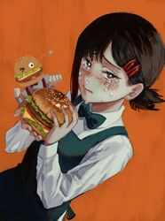  &gt;_o 1other apron black_eyes blush bow bowtie burger chainsaw_man champi cheese closed_mouth collared_shirt crying family_burger_(chainsaw_man) family_burger_mascot_(chainsaw_man) fast_food female fist_bump food hair_ornament hairclip higashiyama_kobeni highres holding holding_food lettuce looking_at_viewer mascot mole mole_on_cheek mole_under_eye multiple_moles nervous one_eye_closed orange_background ponytail shirt short_ponytail simple_background snot solo_focus star_(symbol) tears tomato white_shirt 