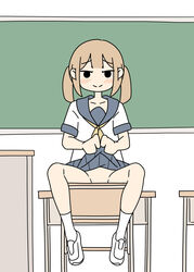  black_eyes blonde_hair blush classroom clothes_lift commentary convenient_censoring desk female flat_color juukyuu lifting_own_clothes limited_palette looking_at_viewer no_panties on_desk original school_uniform serafuku sitting skirt skirt_lift socks solid_circle_eyes solo twintails 