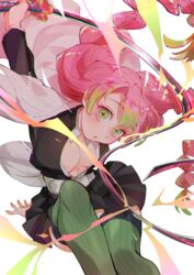  :o belt belt_buckle black_shirt black_skirt braid breasts buckle chromatic_aberration commentary_request demon_slayer_uniform feet_out_of_frame female gradient_hair green_eyes green_thighhighs hana_(h6n6_matsu) haori highres holding holding_sword holding_weapon jacket japanese_clothes kanroji_mitsuri kimetsu_no_yaiba large_breasts long_hair long_sleeves looking_at_viewer mole mole_under_eye multicolored_hair open_clothes open_shirt pink_hair pinstripe_legwear pinstripe_pattern shirt skirt solo striped sword thighhighs twin_braids very_long_hair weapon whip whip_sword white_belt white_jacket white_thighhighs 