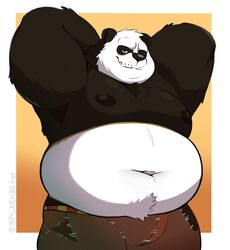  anthro bear belly bottomwear clothing dreamworks giant_panda green_eyes hi_res kung_fu_panda looking_at_viewer male mammal master_po_ping overweight overweight_anthro overweight_male pants pose slightly_chubby slightly_chubby_male smile solo splashburr teeth ursine 