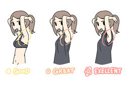  armpit_peek armpits arms_behind_head black_bra black_eyes bra brown_hair commentary english_text female flat_color juukyuu limited_palette mouth_hold multiple_views original ponytail shirt solid_circle_eyes t-shirt tank_top underwear upper_body white_shirt 