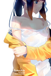  artist_name black_hair blue_eyes breasts camisole covered_nipples english_text fanbox_username female gradient_hair highres hololive hololive_english multicolored_hair navel ninomae_ina&#039;nis nipples off_shoulder official_alternate_costume orange_hair parted_lips patreon_username pixiv_username see-through see-through_camisole simple_background small_breasts solo spaghetti_strap sydus tentacle_hair two-tone_hair violet_(ninomae_ina&#039;nis) virtual_youtuber watermark wet wet_clothes white_background white_camisole yellow_raincoat 