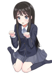  akiyama_mio black_hair black_socks blazer blue_eyes blue_jacket blue_ribbon blue_skirt blush buttoned_cuffs buttons commentary_request female full_body highres hime_cut jacket k-on! kneehighs long_hair long_sleeves looking_at_viewer miniskirt neck_ribbon open_mouth paw_pose ribbon sakuragaoka_high_school_uniform school_uniform shiron_23 shirt shy sidelocks simple_background sitting skirt socks solo wariza white_background white_shirt winter_uniform 