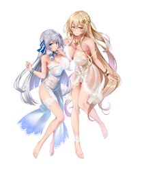  2girls absurdres bare_legs barefoot blue_eyes blue_nails bracelet breasts chemise cleavage dress finger_to_mouth full_body glint grey_hair hair_ribbon highres huge_breasts jewelry large_breasts light_brown_hair lingerie long_hair midoriiro_no_shinzou multiple_girls nail_polish navel necklace non-web_source one_side_up original panties pink_eyes ribbon see-through sidelocks simple_background smile strap_slip string_panties toenail_polish toenails underwear underwear_only very_long_hair white_background white_dress white_panties yellow_nails 