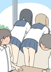  2boys 2girls accidental_exposure black_hair blonde_hair blush commentary faceless faceless_male facing_away flat_color juukyuu leaning_forward limited_palette multiple_boys multiple_girls original panties panty_peek pantyshot pink_panties school_uniform serafuku side_ponytail skirt standing underwear upskirt white_panties window 