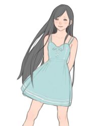  absurdres arms_behind_back black_eyes black_hair blue_dress closed_mouth commentary_request dress female highres long_hair looking_at_viewer luimiart original simple_background sleeveless sleeveless_dress smile solo standing very_long_hair white_background 