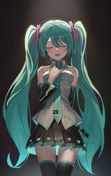  ^_^ absurdres aqua_hair aqua_necktie arm_behind_back arm_tattoo bare_shoulders bib_(bibboss39) black_skirt black_sleeves black_thighhighs blush breasts brown_background closed_eyes collared_shirt commentary cowboy_shot detached_sleeves facing_viewer female grey_shirt hand_up hatsune_miku headset highres long_hair medium_breasts miniskirt necktie number_tattoo open_mouth pleated_skirt shirt sidelocks skirt sleeveless sleeveless_shirt solo spotlight tattoo thighhighs twintails very_long_hair vocaloid zettai_ryouiki 