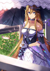  absurdres arknights bare_shoulders blonde_hair blue_eyes breasts choker cleavage collarbone cowboy_shot dress female gloves hair_between_eyes highres horns long_hair looking_at_viewer off-shoulder_dress off_shoulder saileach_(appreciate_fragrance)_(arknights) saileach_(arknights) smile solo standing tenjinmeshi umbrella very_long_hair white_dress white_gloves white_umbrella 