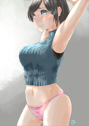  armpits arms_behind_head arms_up black_hair blush breasts closed_mouth crop_top din_(pixiv25800872) female grey_background knit_sweater large_breasts navel original panties parted_bangs pink_panties ribbed_sweater short_hair signature sleeveless stained_clothes stomach summer sweat sweater sweaty_clothes thighs turtleneck underwear 