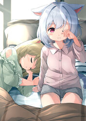  2girls :o animal_ears arm_support bed brown_hair brown_shirt cat_ears cat_girl cat_tail closed_eyes closed_mouth collared_shirt commentary_request dress_shirt green_shirt grey_hair grey_shorts highres long_sleeves looking_at_viewer lying multiple_girls on_side one_eye_closed original parted_lips pillow purple_eyes rubbing_eyes shirt short_shorts shorts sitting sleeping sora_(silent_square) tail tsugumi-chan_(sora) under_covers waking_up wavy_mouth 