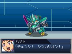  brown_hair chibi commentary e5_hayabusa_(shinkalion) energy_sword fighting_stance hayasugi_hayato mecha mui_(muilog3) open_mouth pixel_art purple_eyes robot shinkalion_(series) shinkansen_henkei_robo_shinkalion speech_bubble srw_battle_screen super_robot_wars sword translated weapon 