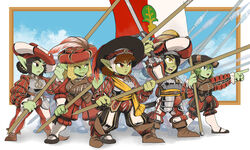  5girls armor black_hair blonde_hair boots breastplate brown_footwear brown_hair codpiece colored_skin english_commentary eyepatch faulds female_goblin goblin green_eyes green_hair green_skin hat highres holding holding_polearm holding_sword holding_weapon landsknecht medieval multiple_girls orange_eyes orcbarbies original pike_(weapon) pointing pointing_forward polearm puff_and_slash_shorts puff_and_slash_sleeves puffy_sleeves renaissance renaissance_clothes soldier sword thick_eyebrows weapon yellow_eyes 