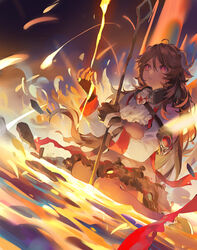  animal_ears arknights brown_hair commentary english_commentary english_text eyjafjalla_(arknights) female highres holding holding_staff horns lava narakuuu photoshop_(medium) red_eyes respirator sheep_ears sheep_horns short_hair sitting solo staff 