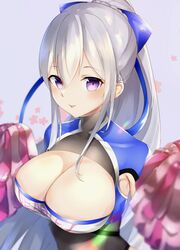  absurdres armpit_cutout azur_lane bad_id bad_pixiv_id blue_shirt blurry bodysuit bow braid breasts casablanca_(azur_lane) casablanca_(cheer_squad_on_break)_(azur_lane) cheerleader cleavage cleavage_cutout clothing_cutout crop_top depth_of_field female grey_hair hairbow highres holding holding_pom_poms large_breasts long_hair looking_at_viewer noraneri official_alternate_costume pom_pom_(cheerleading) ponytail purple_eyes shirt sidelocks solo tongue tongue_out upper_body 