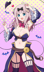  :d absurdres arm_up armpits belt bikini black_bow blue_bikini blue_eyes blue_sleeves blue_thighhighs blunt_bangs blush bow bowtie breasts brown_belt cleavage commentary_request cosplay covered_nipples cowboy_shot crisis_management_form_(machimazo) curled_horns demon_girl demon_horns demon_tail detached_collar detached_sleeves double_v eggman_(pixiv28975023) female frilled_sleeves frills fujiwara_chika garter_straps hairbow hand_up highres horns kaguya-sama_wa_kokurasetai_~tensai-tachi_no_renai_zunousen~ kohara_konomi large_breasts long_hair looking_at_viewer machikado_mazoku multicolored_background navel notice_lines pink_hair red_bow red_bowtie revealing_clothes showgirl_skirt smile solo star_(symbol) stomach strapless strapless_bikini swimsuit tail thighhighs v v_over_head voice_actor_connection waist_cape wide_sleeves yoshida_yuuko_(machikado_mazoku) yoshida_yuuko_(machikado_mazoku)_(cosplay) 