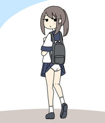  accidental_exposure backpack bag black_eyes brown_hair clothes_lift commentary female flat_color juukyuu limited_palette looking_back original panties pantyshot ponytail school_uniform serafuku simple_background skirt skirt_caught_on_object skirt_lift solid_circle_eyes solo underwear walking white_panties 