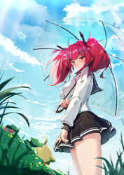  absurdres alternate_costume arm_at_side azur_lane bad_id bad_pixiv_id black_ribbon black_sailor_collar black_skirt blue_sky breasts bremerton_(azur_lane) closed_mouth cloud commentary_request cosplay day female from_below from_side grass grey_hair hair_ornament hair_ribbon highres honolulu_(azur_lane) honolulu_(azur_lane)_(cosplay) honolulu_(umbrella_girl)_(azur_lane) jiaoshoutongxue large_breasts long_hair long_sleeves looking_down manjuu_(azur_lane) multicolored_hair outdoors ribbon sailor_collar school_uniform serafuku shirt skirt sky streaked_hair sunlight thighs twintails two-tone_hair umbrella white_shirt x_hair_ornament 