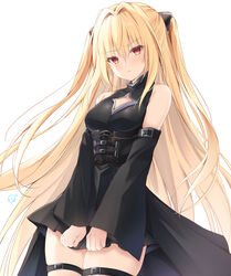  absurdres bare_shoulders black_dress blonde_hair blush braid breasts closed_mouth dress female hair_between_eyes highres kiri_celea konjiki_no_yami leg_belt long_hair looking_at_viewer medium_breasts orange_eyes simple_background solo to_love-ru twintails very_long_hair white_background 