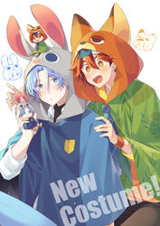  2boys animal_costume blue_eyes blue_hair cosplay fox_costume green_shirt hair_between_eyes hasegawa_langa highres judy_hopps judy_hopps_(cosplay) kyan_reki looking_at_viewer male_focus messy_hair multiple_boys necktie nick_wilde nick_wilde_(cosplay) open_mouth orange_eyes pants rabbit_costume red_hair shirt short_hair sk8_the_infinity smile upper_body uppi white_background zootopia 