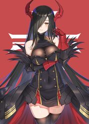  arm_under_breasts as4gi azur_lane bare_shoulders black_dress black_hair breasts commentary dress english_commentary female friedrich_der_grosse_(azur_lane) gloves hair_over_one_eye highres horns iron_blood_(emblem) large_breasts long_hair looking_at_viewer mature_female mechanical_horns red_background red_gloves red_horns simple_background solo very_long_hair yellow_eyes zettai_ryouiki 